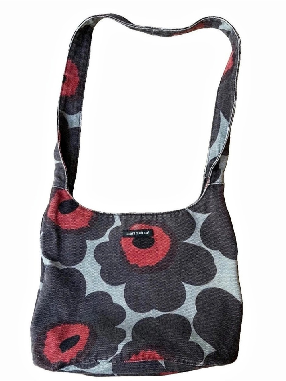 Vintage Marimekko Unikko Shoulder Bag Made in Finland 2012 Canvas Hobo Red Gray